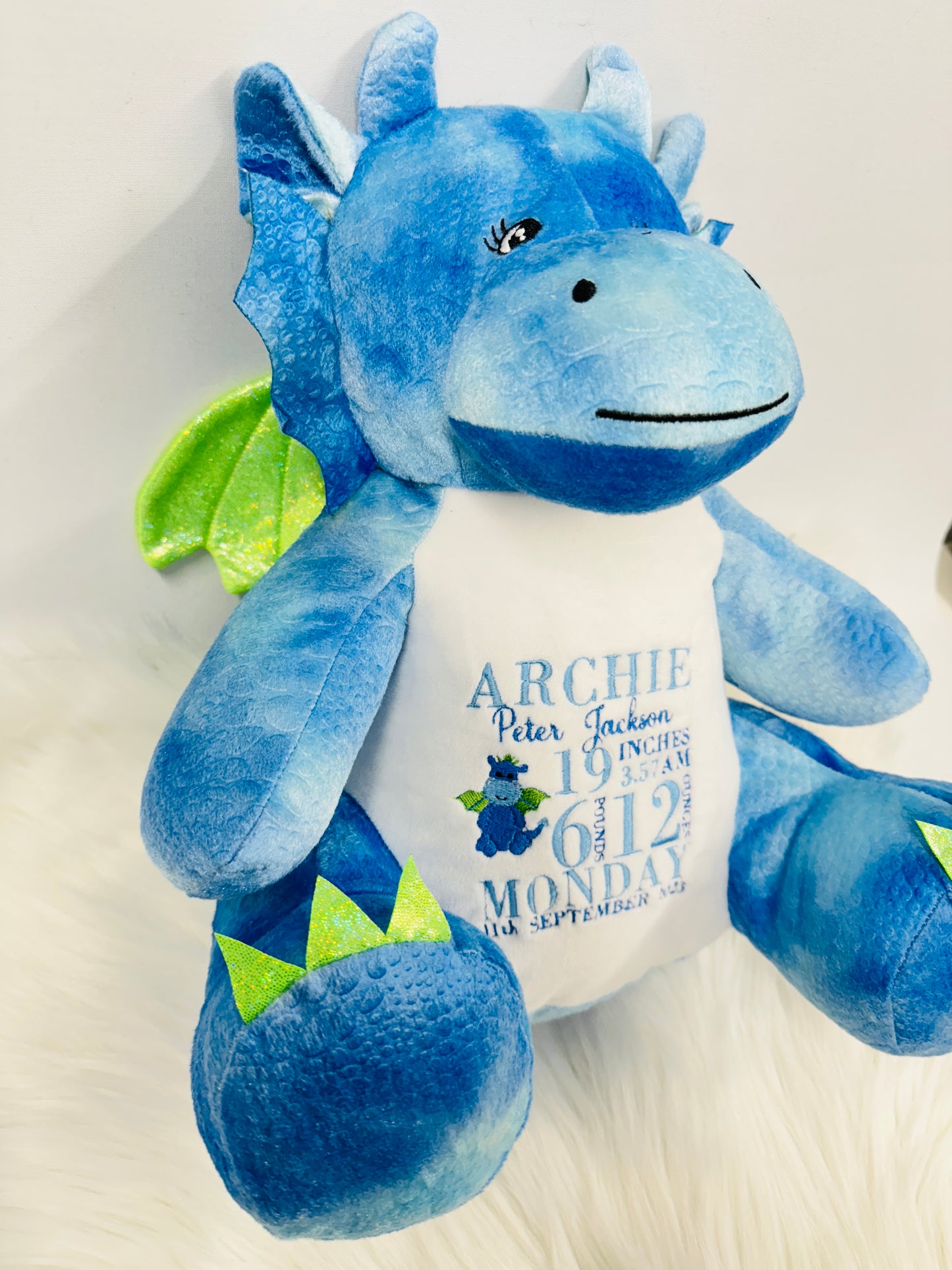 Adorable Dragon Teddy with Embroidered Belly - Personalised Baby Birth Stats - Easy to Clean - Approx. 45cm Tall - Perfect Baby Keepsake