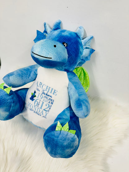 Adorable Dragon Teddy with Embroidered Belly - Personalised Baby Birth Stats - Easy to Clean - Approx. 45cm Tall - Perfect Baby Keepsake