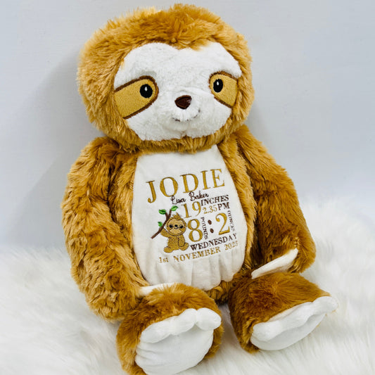 This is a super cute sloth teddy measuring approximately 47cm tall. The sloth's belly is embroidered with a new baby's birth stats. Lovely keepsake gift idea for a new baby boy or girl.