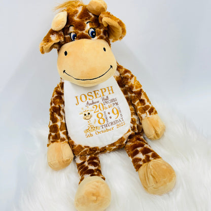 This is a giraffe keepsake teddy. Beautifully embroidered on its belly are a babies birth stat details. The teddy has a zip access at the back for easy washing. Details on the belly are birth weight, time, date, name, length and a mini giraffe too