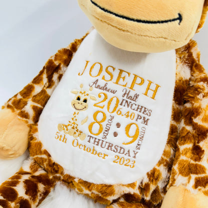 This is a giraffe keepsake teddy. Beautifully embroidered on its belly are a babies birth stat details. The teddy has a zip access at the back for easy washing. Details on the belly are birth weight, time, date, name, length and a mini giraffe too