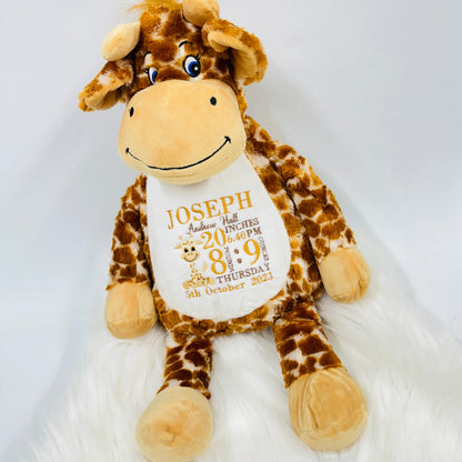 This is a giraffe keepsake teddy. Beautifully embroidered on its belly are a babies birth stat details. The teddy has a zip access at the back for easy washing. Details on the belly are birth weight, time, date, name, length and a mini giraffe too