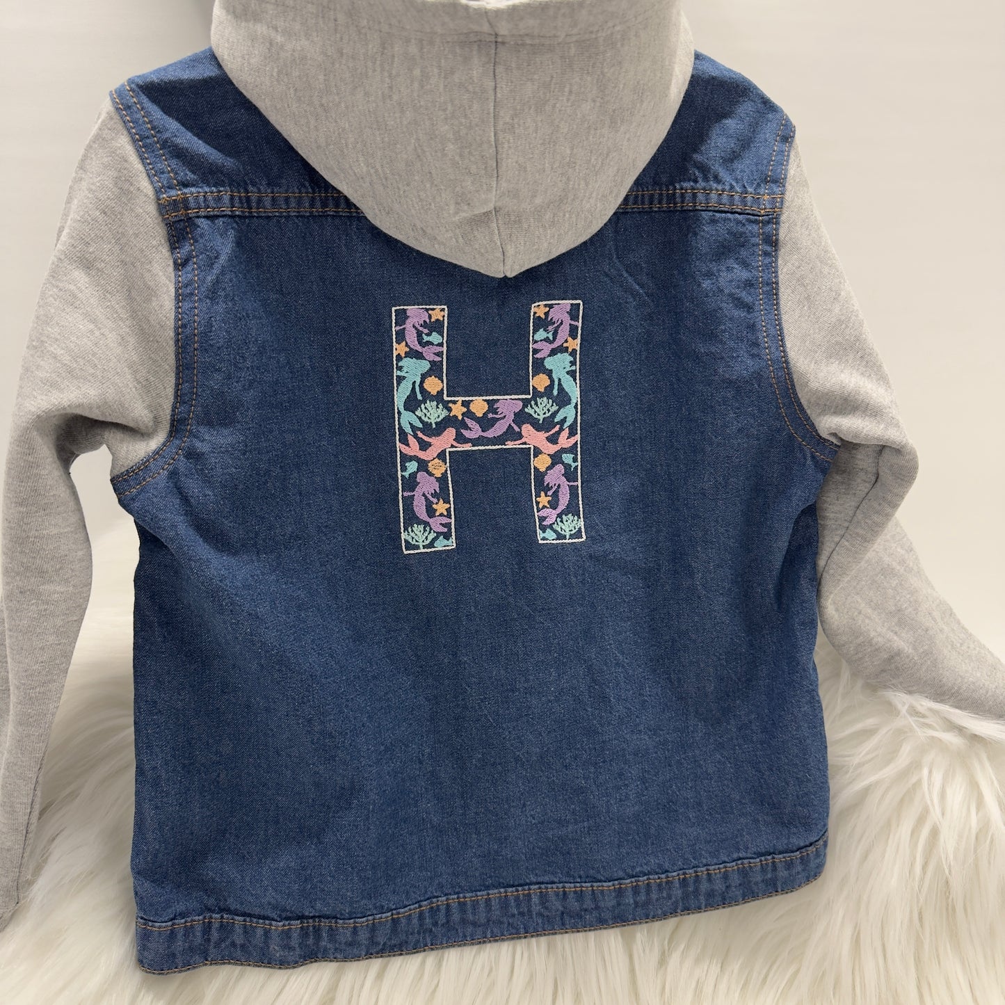 Mermaid Embroidered Girls Denim Jacket with Cotton Sleeves