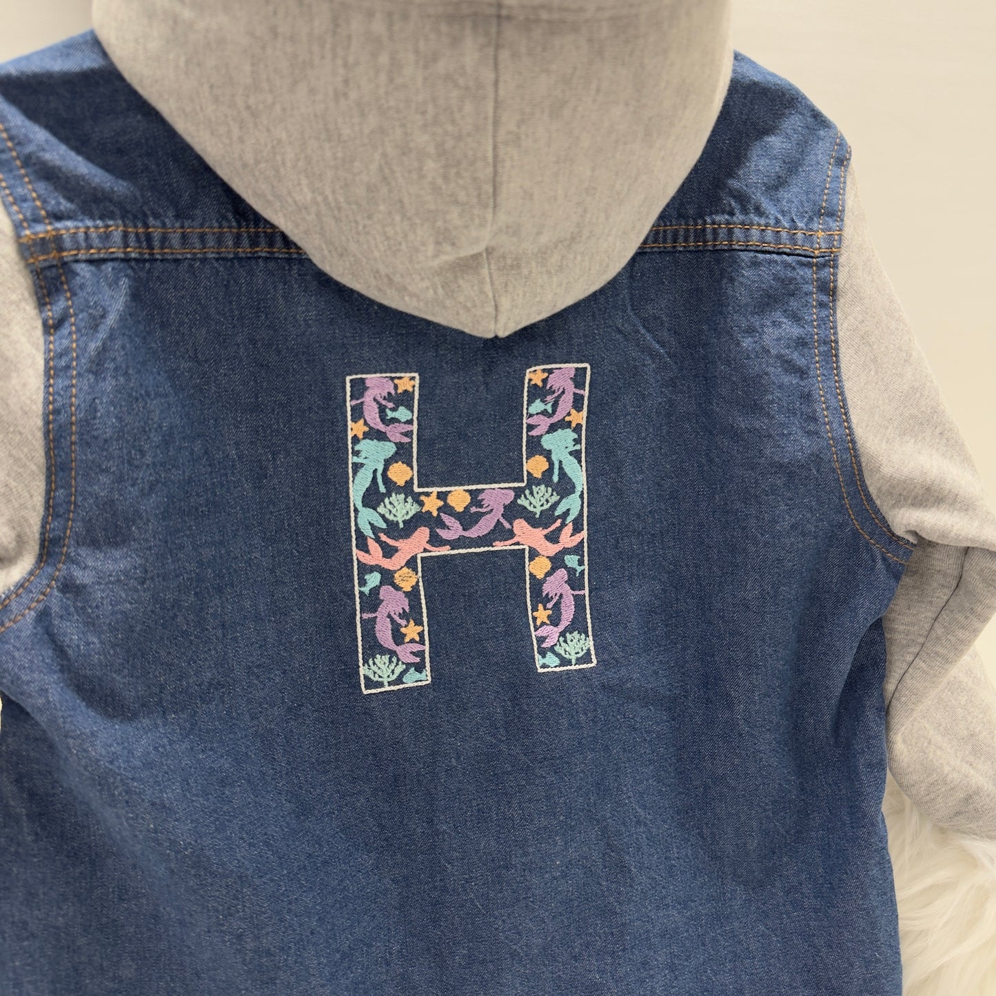 Mermaid Embroidered Girls Denim Jacket with Cotton Sleeves