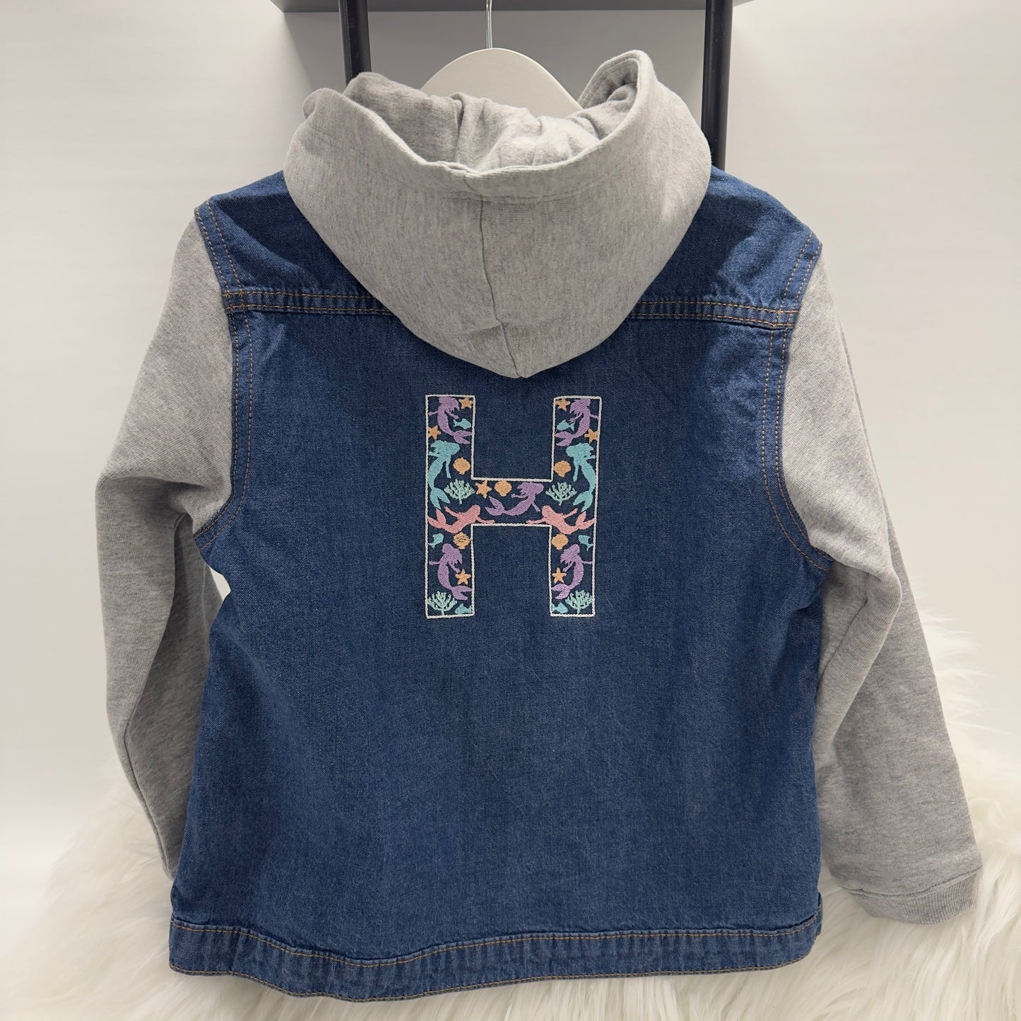 Mermaid Embroidered Girls Denim Jacket with Cotton Sleeves