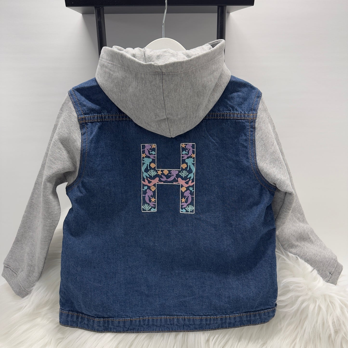 Mermaid Embroidered Girls Denim Jacket with Cotton Sleeves