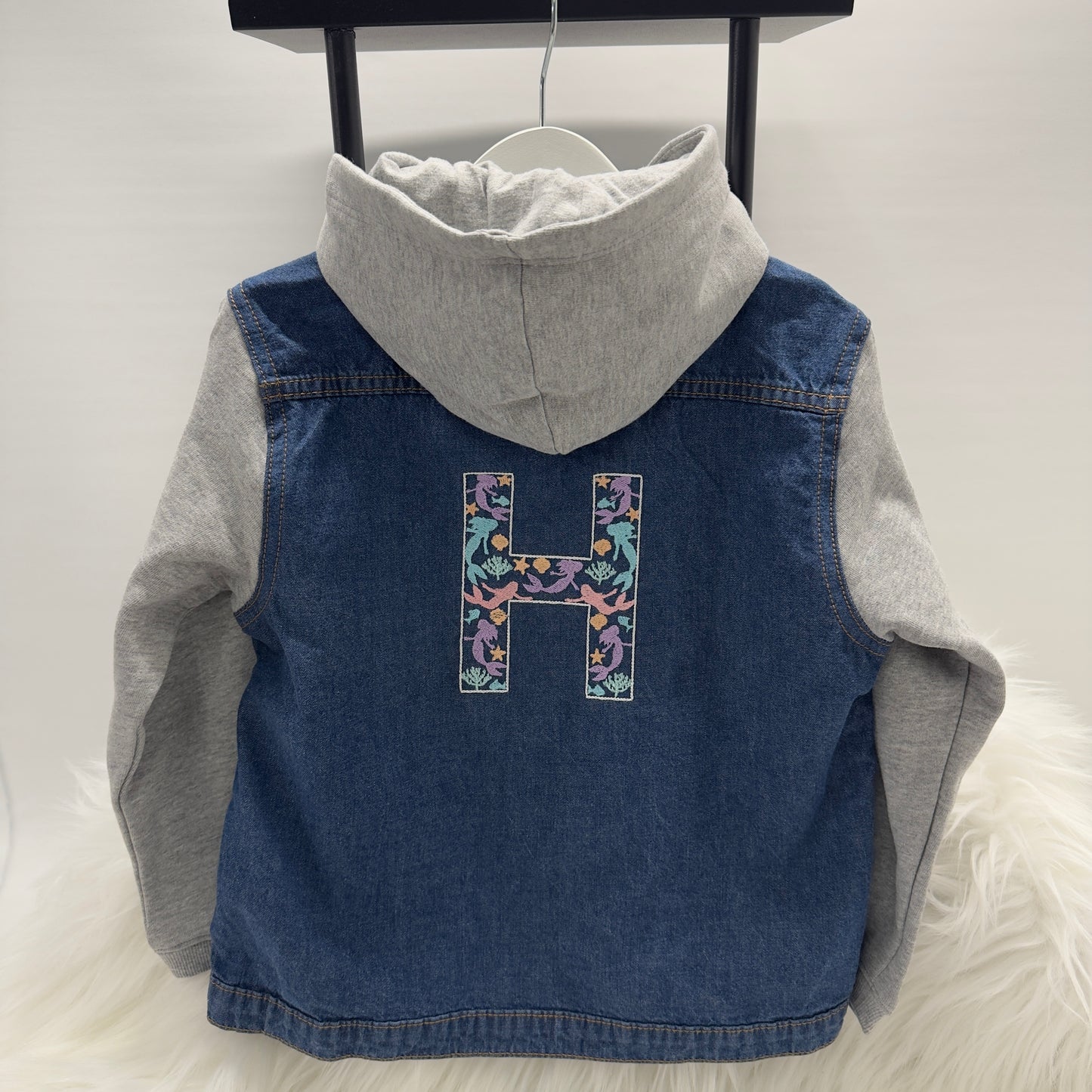 Mermaid Embroidered Girls Denim Jacket with Cotton Sleeves