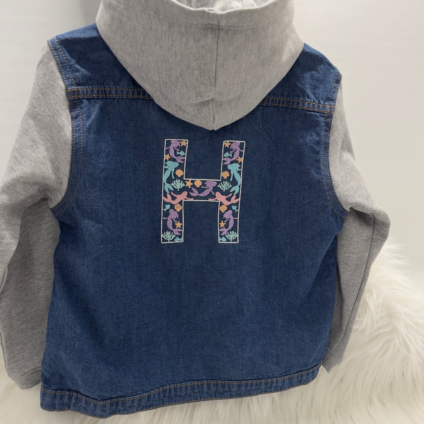 Mermaid Embroidered Girls Denim Jacket with Cotton Sleeves