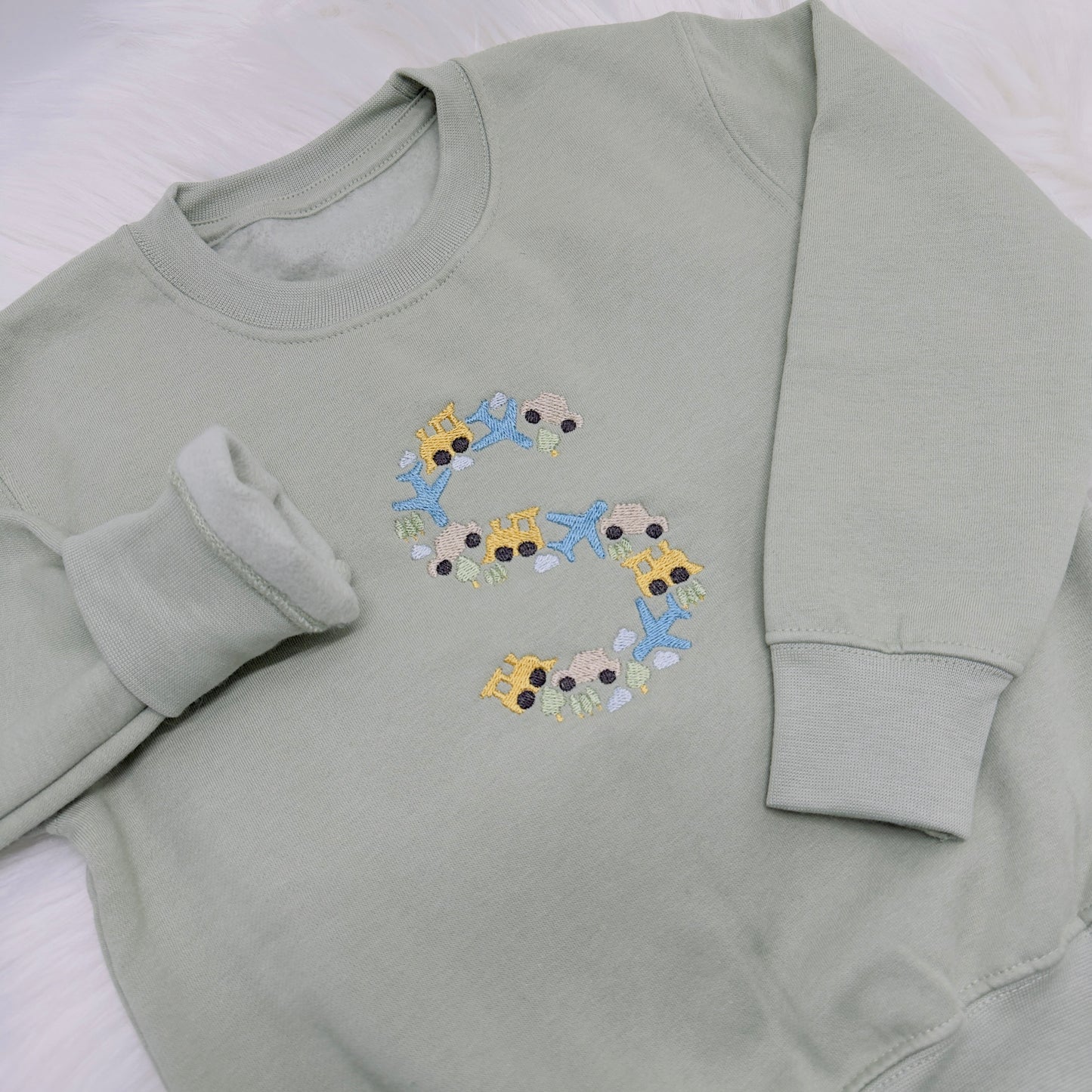 Trains, Cars & Planes Children's Initial Sweater 100% Cotton.