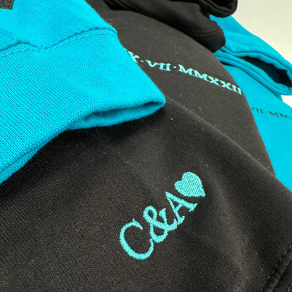 Matching Embroidered Anniversary Hoodies. CUSTOM EMBROIDERY His and Hers