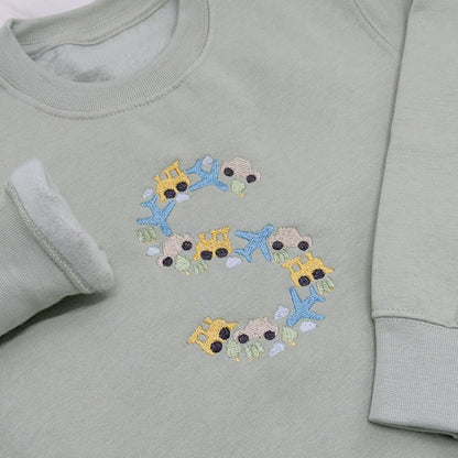 Trains, Cars & Planes Children's Initial Sweater 100% Cotton.