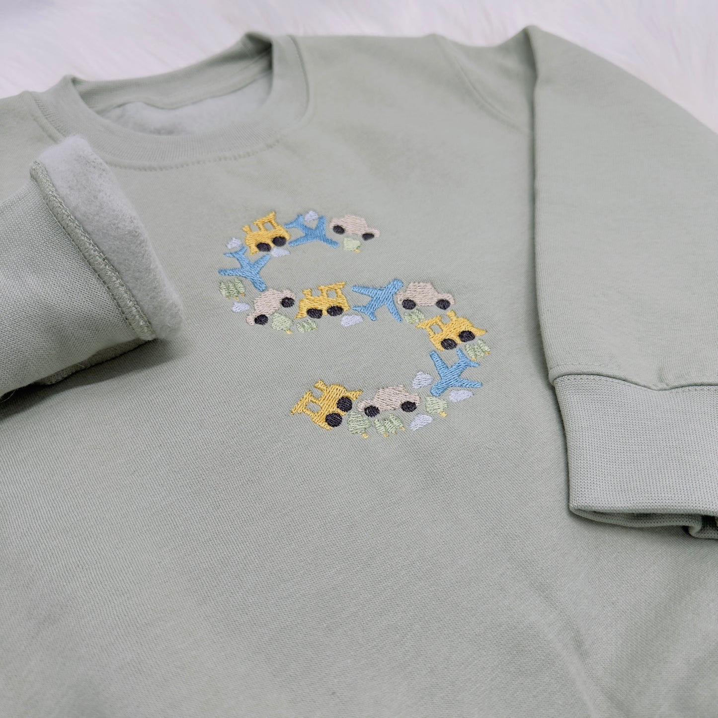 Trains, Cars & Planes Children's Initial Sweater 100% Cotton.