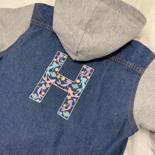 Mermaid Embroidered Girls Denim Jacket with Cotton Sleeves