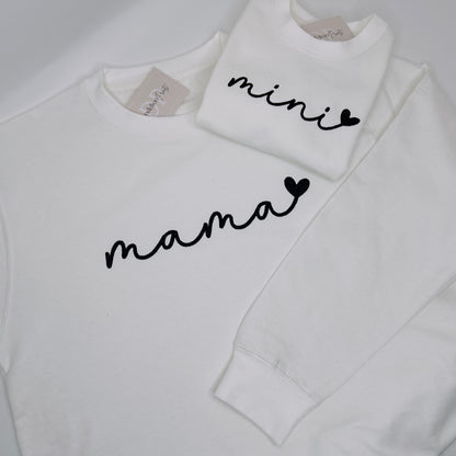 Mama & Mini Matching Sweaters in White with Boho Minimal Black Embroidery