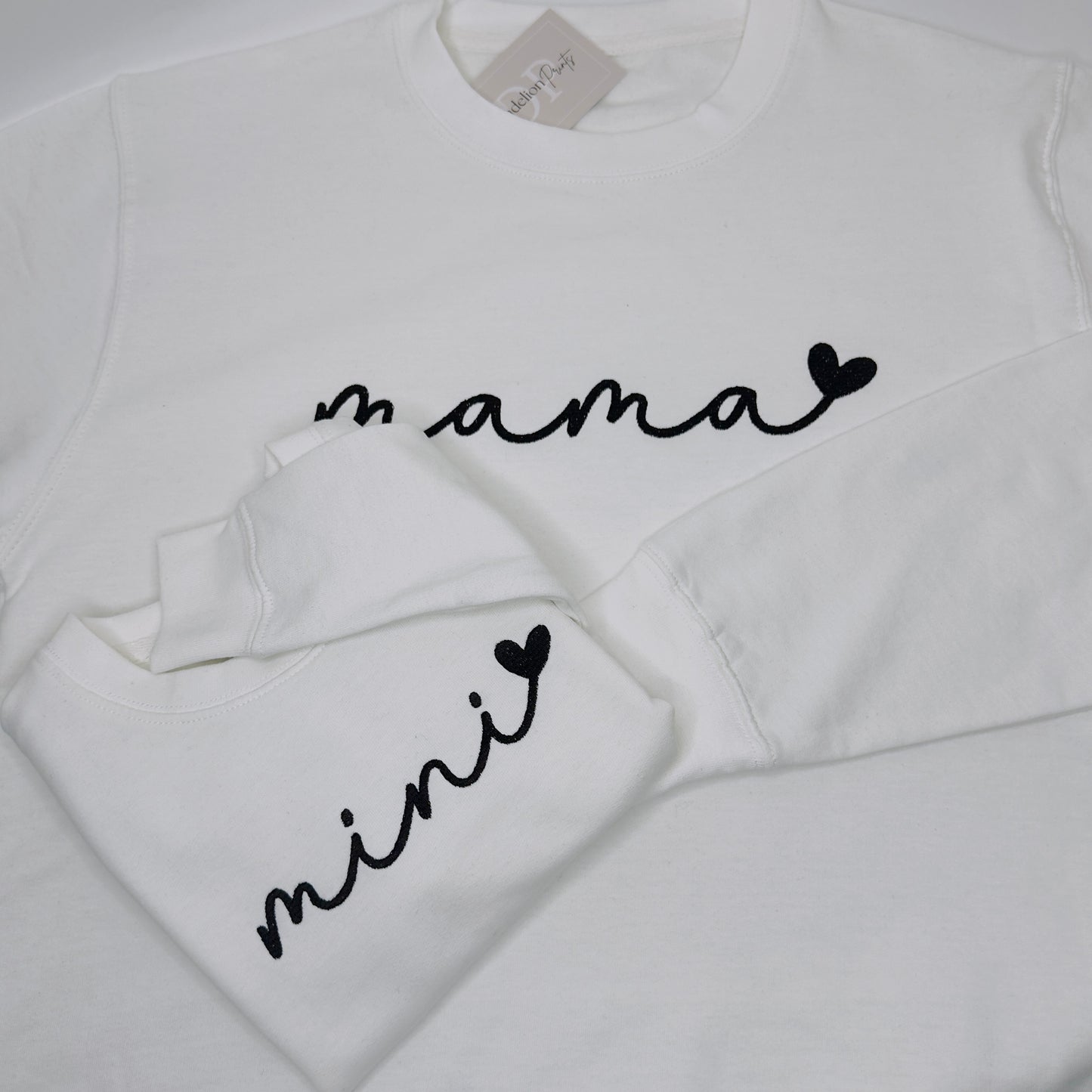 Mama & Mini Matching Sweaters in White with Boho Minimal Black Embroidery