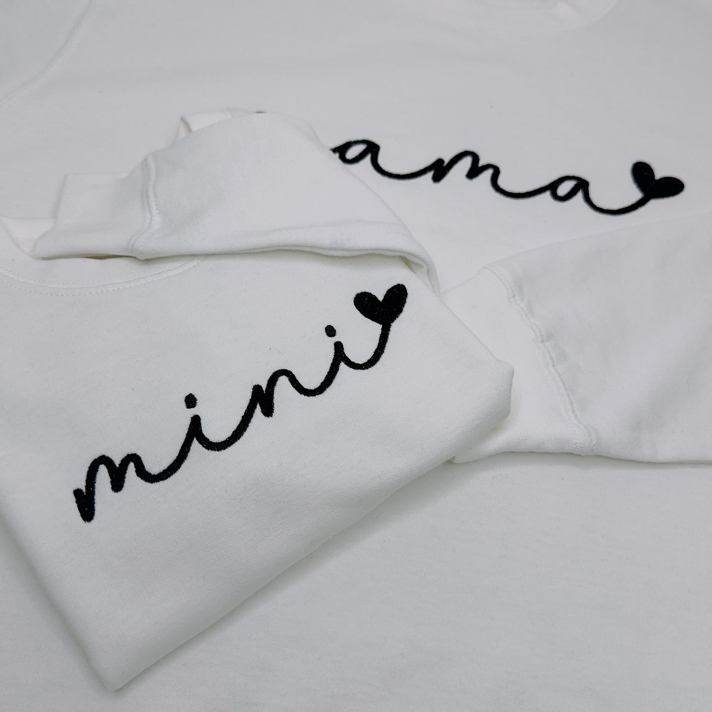 Mama & Mini Matching Sweaters in White with Boho Minimal Black Embroidery