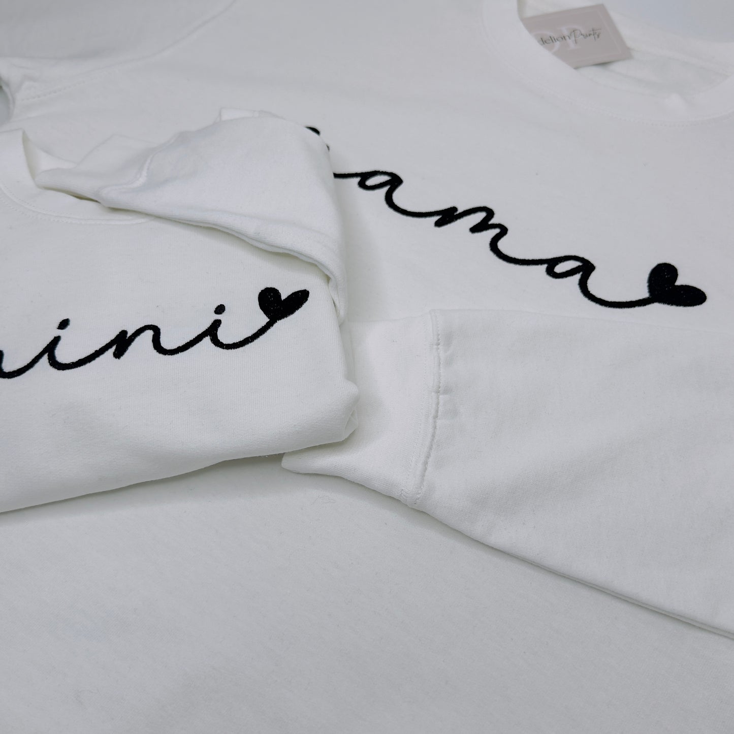 Mama & Mini Matching Sweaters in White with Boho Minimal Black Embroidery