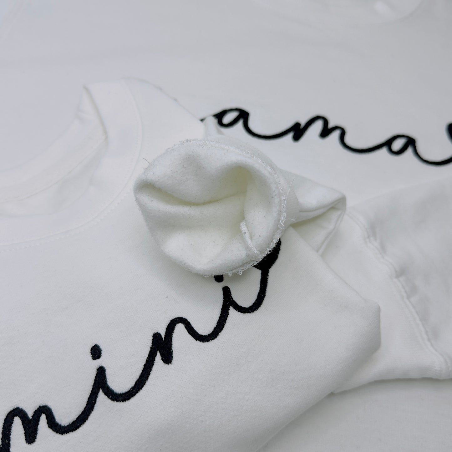 Mama & Mini Matching Sweaters in White with Boho Minimal Black Embroidery