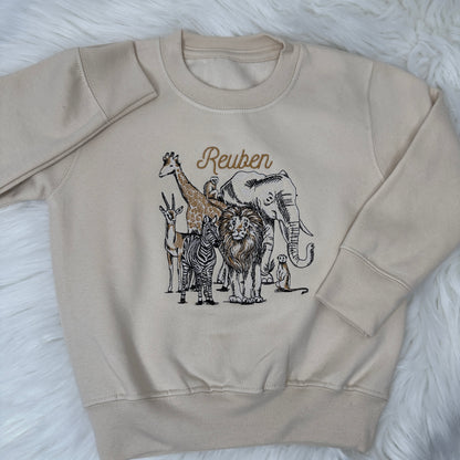 Personalised Safari Animals Sweater for Kids - Giraffe, Monkey, Lion, Zebra and More