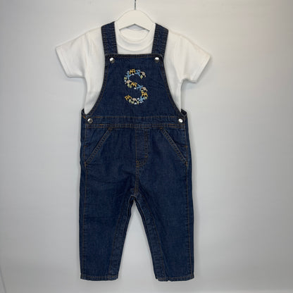S initial cars, planes and trains denim dungarees 24-36
