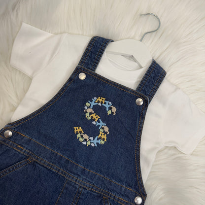 S initial cars, planes and trains denim dungarees 24-36
