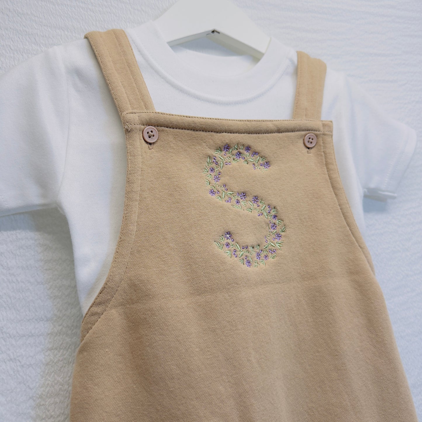 Personalised Children's Dungarees and T-Shirt Set with Floral Initial Embroidery - Custom Colours Available