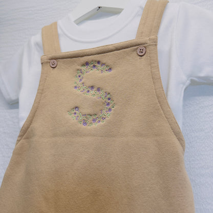 Personalised Children's Dungarees and T-Shirt Set with Floral Initial Embroidery - Custom Colours Available