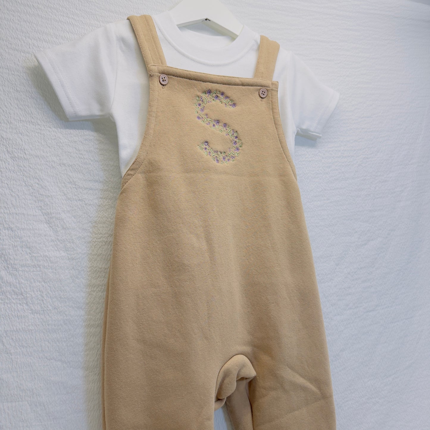 Personalised Children's Dungarees and T-Shirt Set with Floral Initial Embroidery - Custom Colours Available