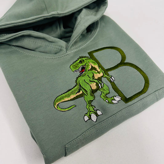 Adorable Sage Kids Hoodie with T-Rex Dinosaur and Embroidered Initial Detail