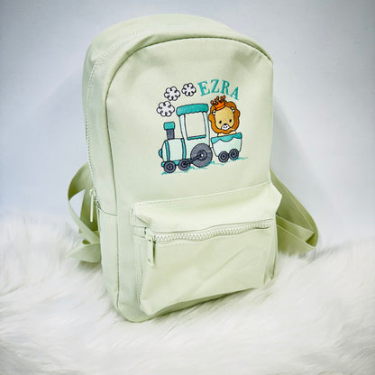 Custom Kids Zoo Theme Backpack with Lion and Steam Train Design