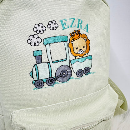 Custom Kids Zoo Theme Backpack with Lion and Steam Train Design