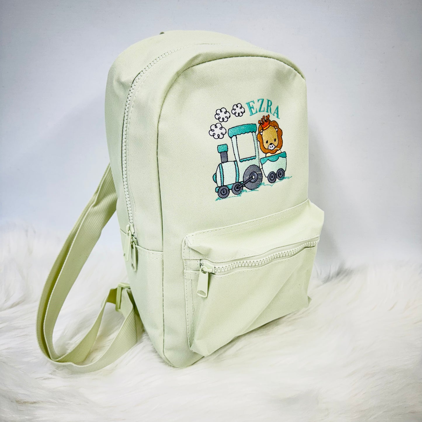 Custom Kids Zoo Theme Backpack with Lion and Steam Train Design