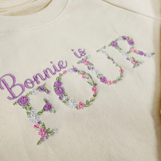 Personalised Children's Birthday Sweater Dress with Embroidered Name and Age, Floral Design