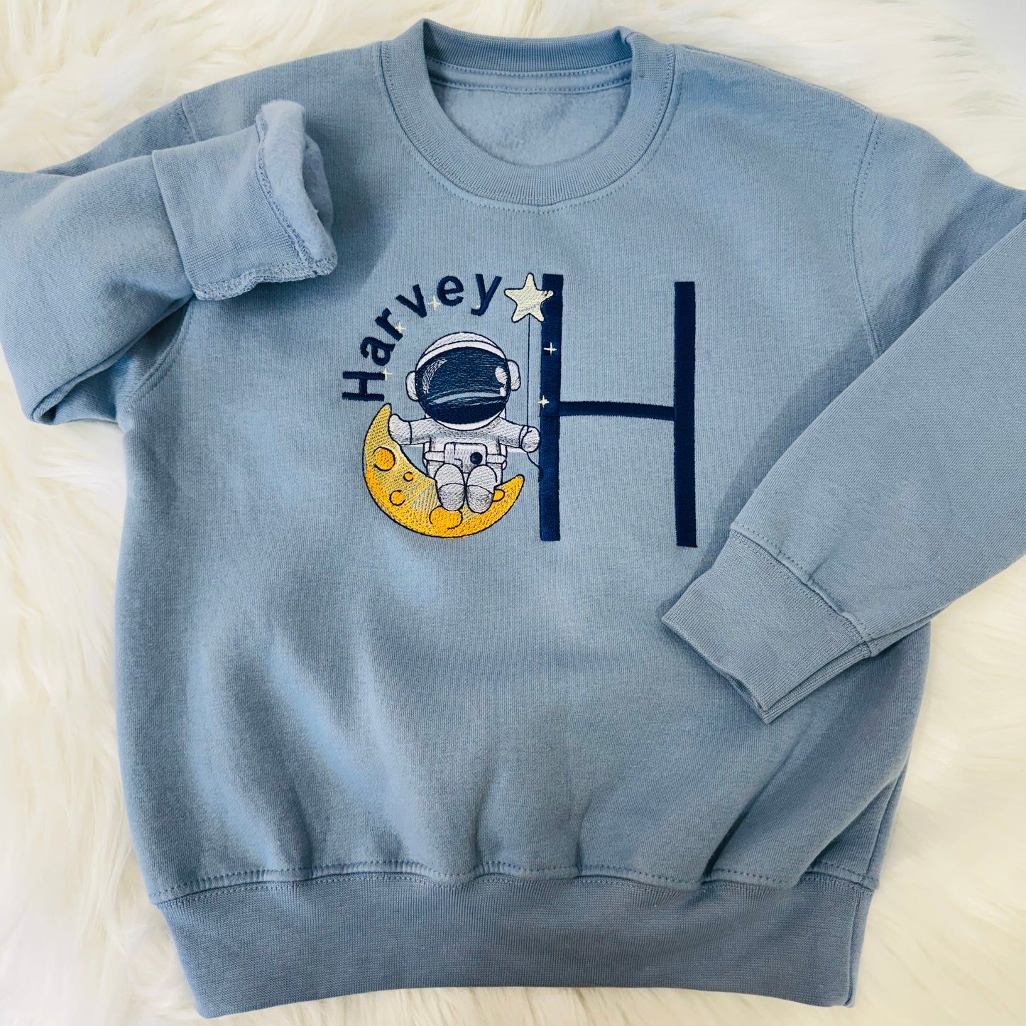 Astronaut and Moon Embroidered Sweater with Personalised Initial. Super Soft Jumper