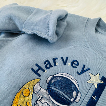 Astronaut and Moon Embroidered Sweater with Personalised Initial. Super Soft Jumper