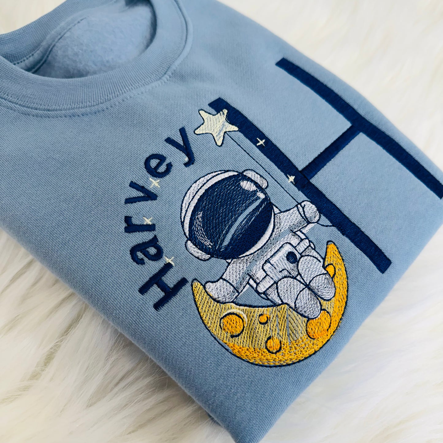 Astronaut and Moon Embroidered Sweater with Personalised Initial. Super Soft Jumper