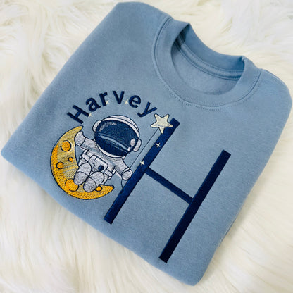 Astronaut and Moon Embroidered Sweater with Personalised Initial. Super Soft Jumper