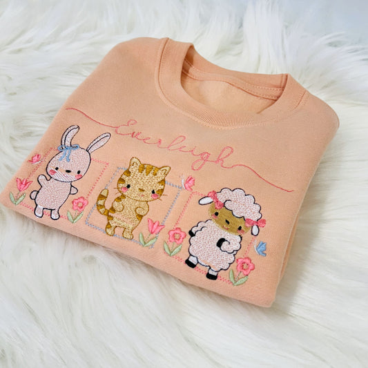 Embroidered Animal Friends Kids Sweater - 100% Cotton and Personalised for Children