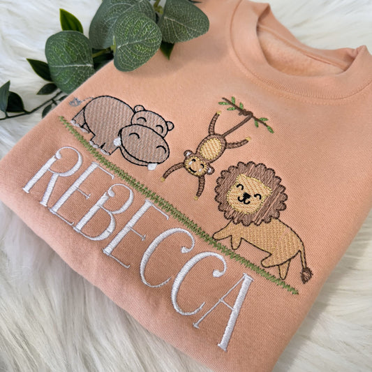 Cute Safari Animal Embroidered Sweater with Fun Monkey - Soft and Stylish