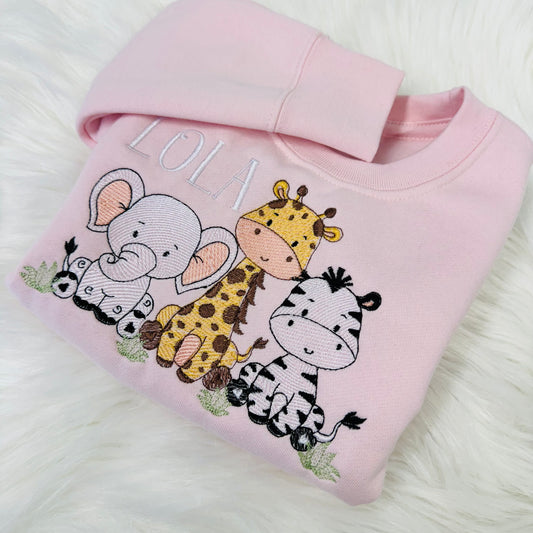 Adorable Trio of Embroidered Safari Animals Sweater for Kids - Personalised Children's Clothing