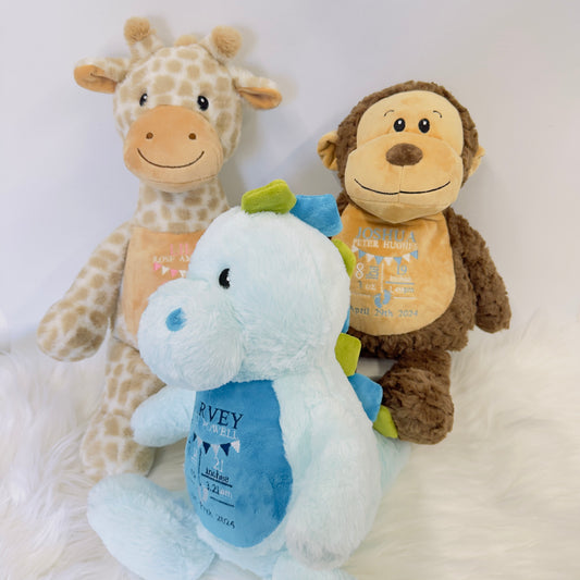 Adorable New Baby Birth Stat Teddy - Unique Embroidered Keepsake Giraffe, Monkey or Dinosaur