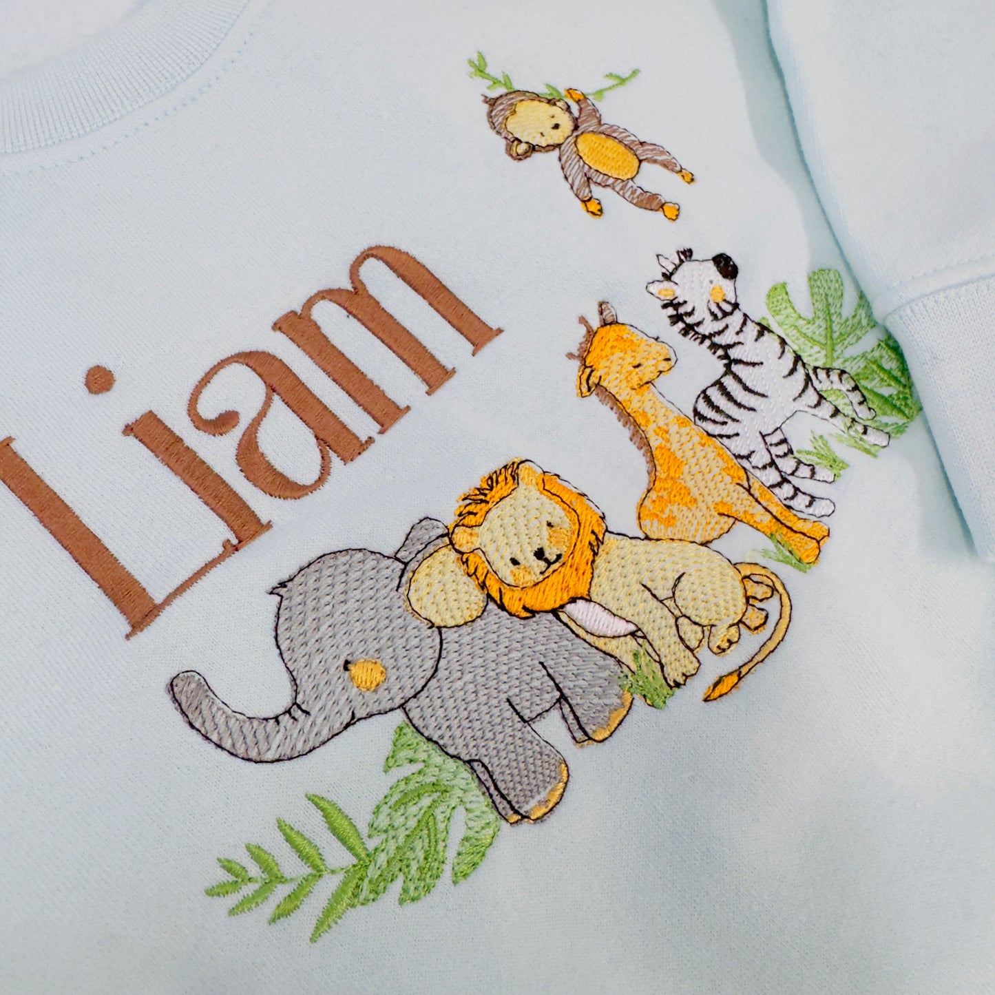 Gorgeous Safari Animal Embroidered Sweater - Super Soft & Personalised - Lion, Giraffe, Zebra, Elephant, MonkeySweater with a Name Too