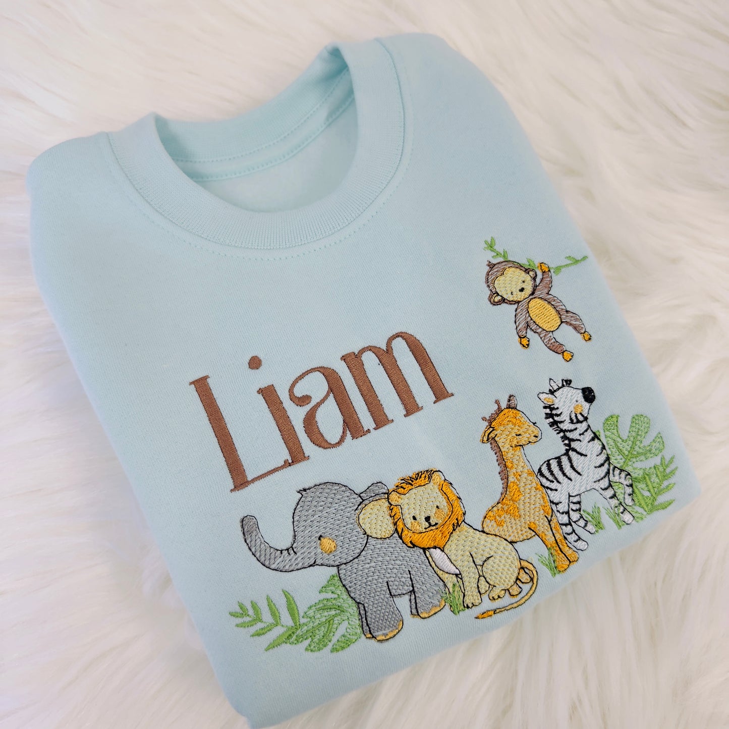 Gorgeous Safari Animal Embroidered Sweater - Super Soft & Personalised - Lion, Giraffe, Zebra, Elephant, MonkeySweater with a Name Too