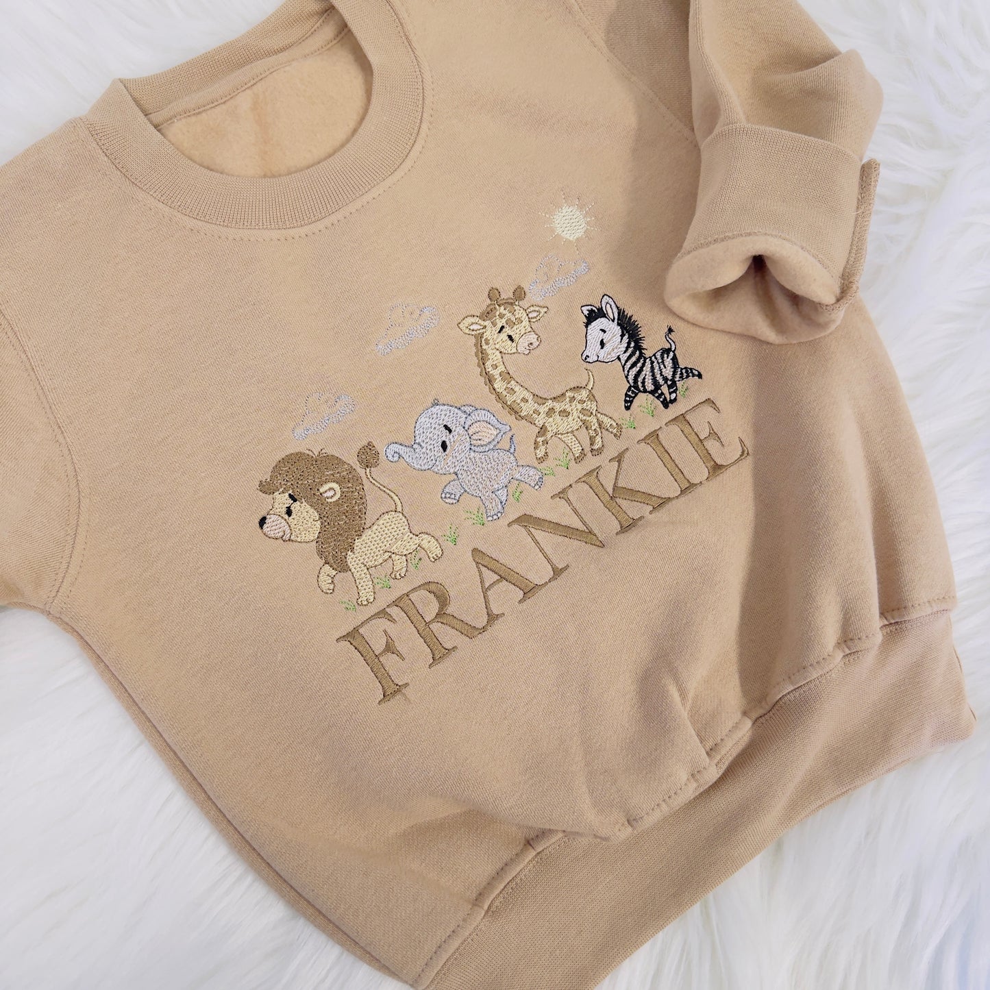 Personalised Children's Sweater with Lion, Zebra, Giraffe, and Elephant Embroidery - Custom Name Included