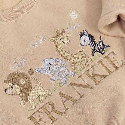 Personalised Children's Sweater with Lion, Zebra, Giraffe, and Elephant Embroidery - Custom Name Included