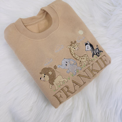 Personalised Children's Sweater with Lion, Zebra, Giraffe, and Elephant Embroidery - Custom Name Included