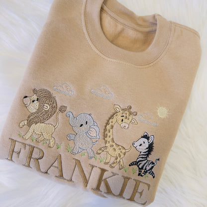 Personalised Children's Sweater with Lion, Zebra, Giraffe, and Elephant Embroidery - Custom Name Included