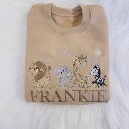 Personalised Children's Sweater with Lion, Zebra, Giraffe, and Elephant Embroidery - Custom Name Included