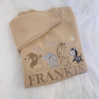 Personalised Children's Sweater with Lion, Zebra, Giraffe, and Elephant Embroidery - Custom Name Included