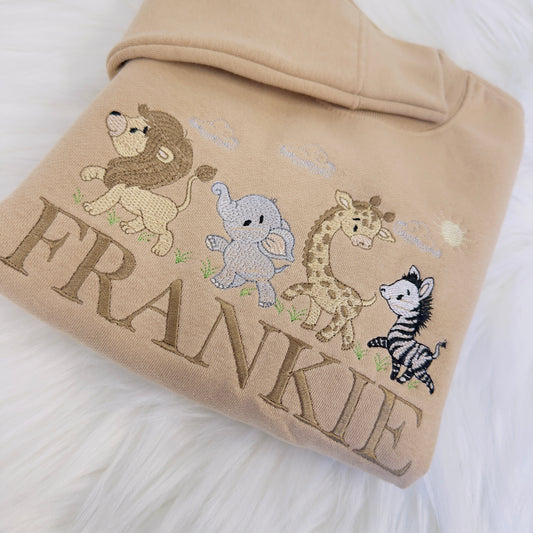 Personalised Children's Sweater with Lion, Zebra, Giraffe, and Elephant Embroidery - Custom Name Included